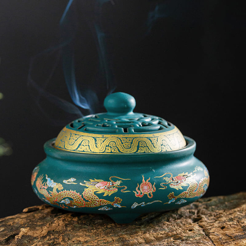 Brûleur d'encens japonais antique en cuivre et bronze - design d'oiseau et de prunus richement conçu avec poignées de masque de lion exotiques - France Brûleur d'encens japonais antique en cuivre et bronze - design d'oiseau et de prunus richement conçu avec poignées de masque de lion exotiques - France